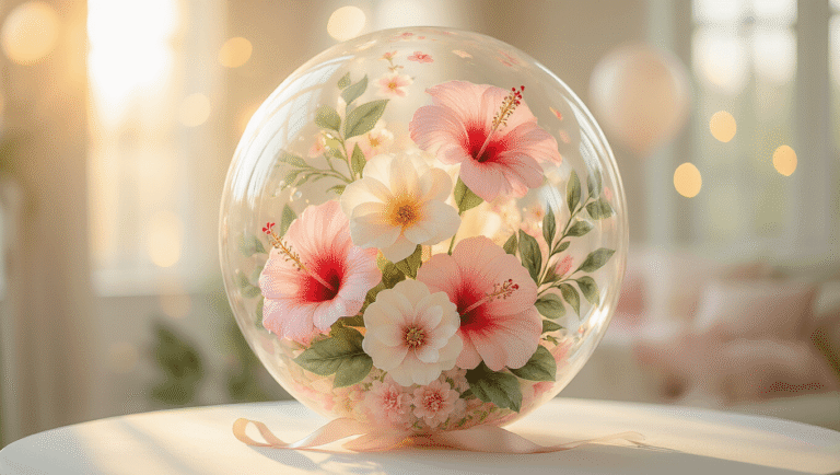 Cinematic close-up of elegant floral balloons with watercolor hibiscus patterns in blush pink, sage green, and ivory, featuring a transparent bubble balloon with a faux botanical bouquet, illuminated by warm golden hour light against a creamy bokeh background.