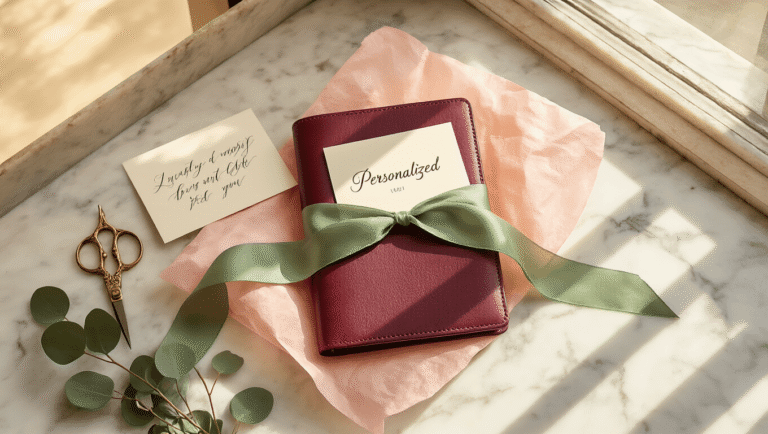 Elegantly wrapped personalized leather journal on a marble countertop, with blush pink tissue paper, sage green ribbon, vintage brass scissors, a calligraphy card, and dried eucalyptus, bathed in warm afternoon light.
