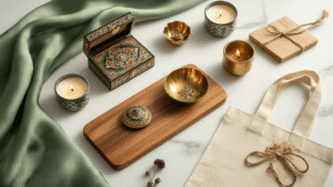 Cinematic flat lay of elegant return gifts including hand-painted Meenakari jewelry boxes, polished brass diya holders, wooden cutting boards, soy candles, canvas tote bags, and plantable seed packets, styled on a white marble surface with sage green silk fabric and scattered dried flowers, featuring warm natural lighting and a luxurious ambiance.
