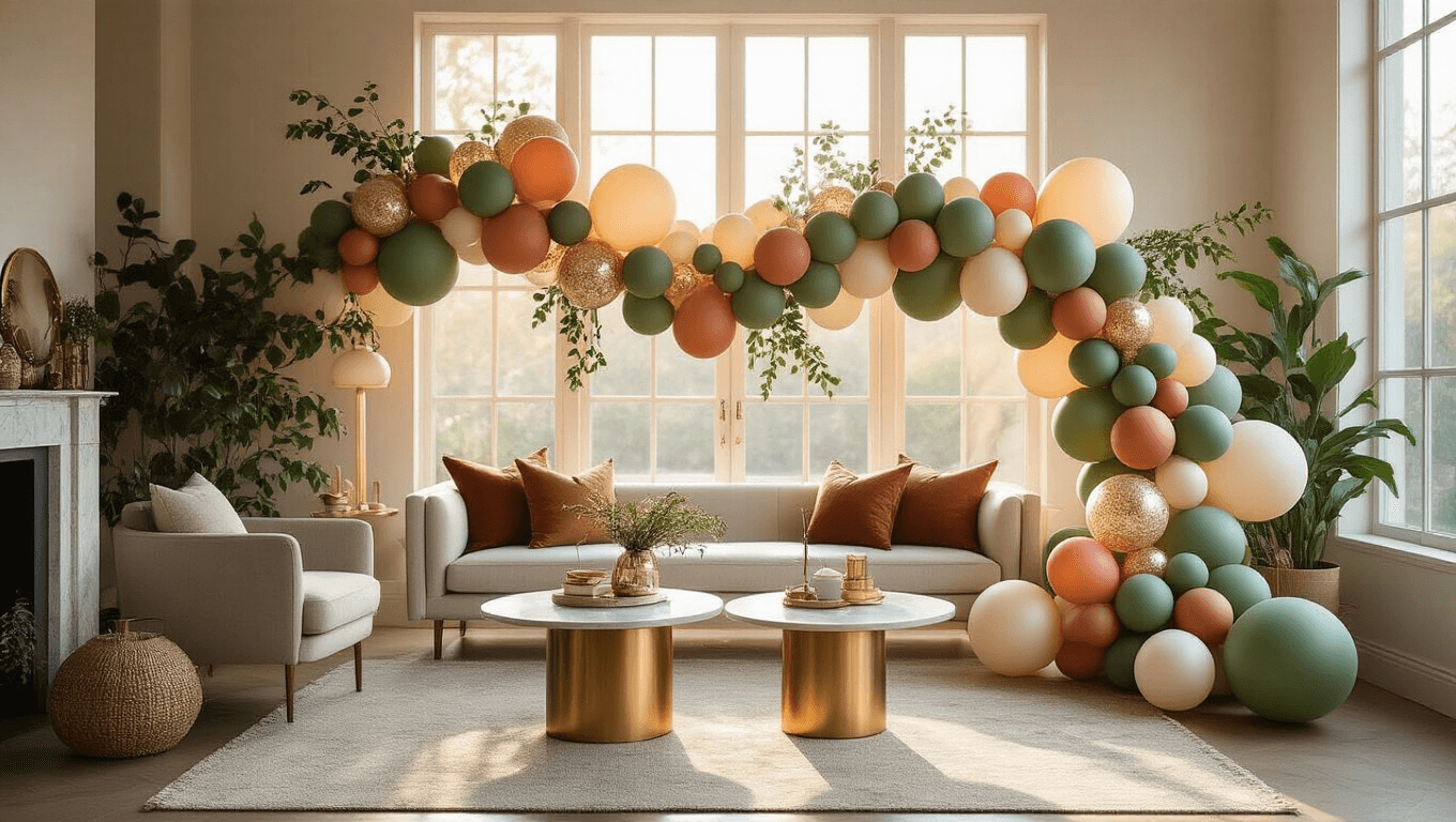 Cinematic shot of a sophisticated balloon arrangement in a modern living room, featuring sage green, ivory, and terracotta balloons with eucalyptus greenery, illuminated by golden hour sunlight.