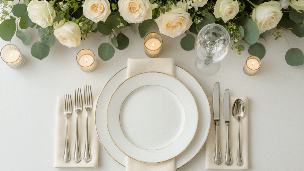 Elegant wedding reception table setting with white porcelain dinner plates, crystal wine glasses, polished silver flatware, an ivory rose and eucalyptus centerpiece, cream linen napkins, small votive candles, and blush pink accents, captured from above on a clean background.