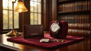 Photorealistic image of a Father's Day gift arrangement on a polished mahogany desk in an elegant home library, featuring a monogrammed leather wallet, an engraved silver watch, and a personalized photo keychain on burgundy velvet, illuminated by warm golden sunlight with deep wood grain textures and leather-bound books in the background.