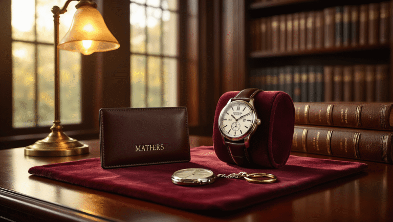Photorealistic image of a Father's Day gift arrangement on a polished mahogany desk in an elegant home library, featuring a monogrammed leather wallet, an engraved silver watch, and a personalized photo keychain on burgundy velvet, illuminated by warm golden sunlight with deep wood grain textures and leather-bound books in the background.