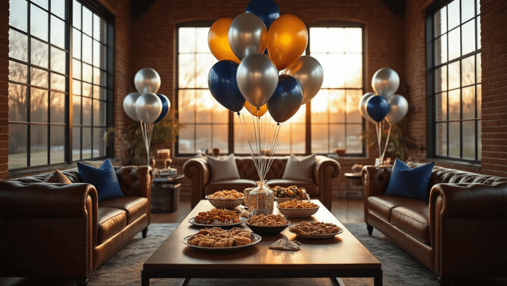 Cinematic wide-angle shot of a modern living room decorated for game day with mylar football balloons, elegant appetizers, and warm lighting.