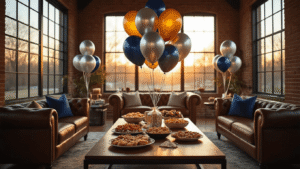 Cinematic wide-angle shot of a modern living room decorated for game day with mylar football balloons, elegant appetizers, and warm lighting.