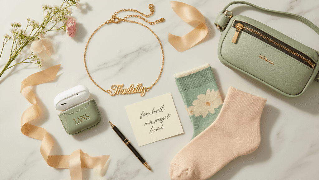Cinematic overhead flatlay of thoughtful friendship gifts on a white marble surface, featuring a gold initial necklace, personalized leather AirPods case, birth month flower socks, sage green lululemon belt bag, a handwritten note, silk ribbons, and delicate wildflowers, all styled for a warm and inviting look.