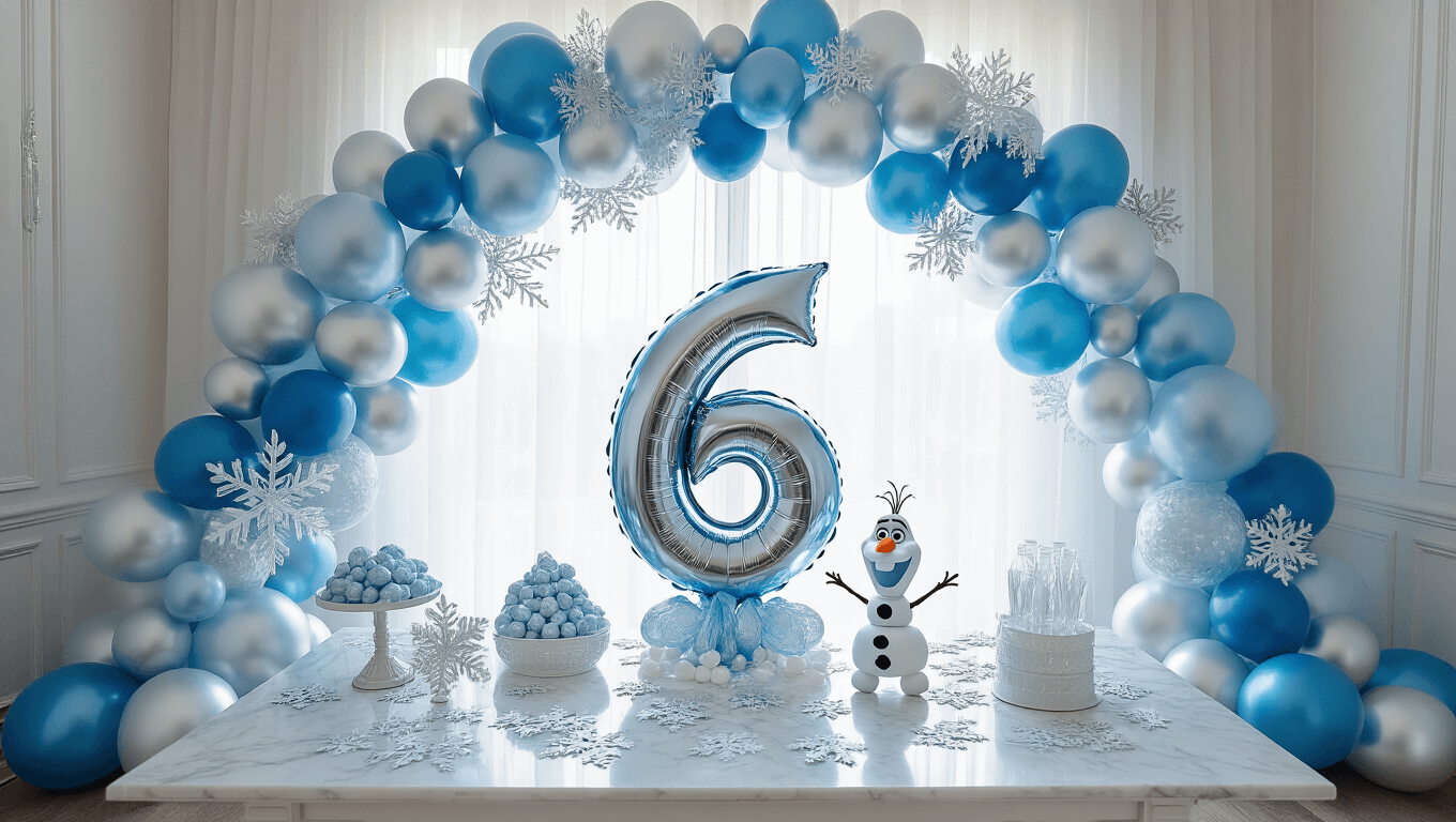 Elegant living room transformed into a Frozen-themed wonderland with glacier blue and silver balloon garland, a large foil Elsa balloon centerpiece, and snowflake confetti on a marble table, all illuminated by soft natural light.