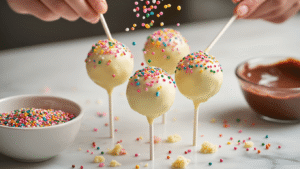 Cinematic close-up of funfetti cake pops coated in glossy white chocolate and rainbow sprinkles, set against a soft-focus warm kitchen backdrop with a marble countertop, featuring a melted chocolate bowl, scattered sprinkles, and hands mid-dip, creating a cozy baking atmosphere.