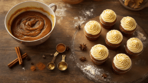 Aerial view of gingerbread cupcakes in a rustic kitchen, featuring rich molasses batter, scattered spices, golden-brown frosted cupcakes with cream cheese swirls, vintage measuring spoons, and flour dusting, illuminated by warm amber light with cozy holiday ambiance.
