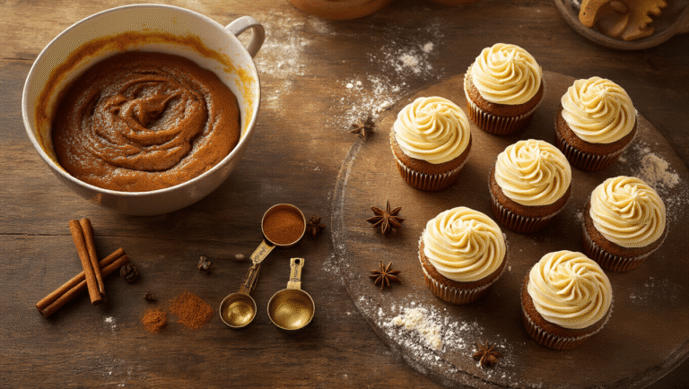 Aerial view of gingerbread cupcakes in a rustic kitchen, featuring rich molasses batter, scattered spices, golden-brown frosted cupcakes with cream cheese swirls, vintage measuring spoons, and flour dusting, illuminated by warm amber light with cozy holiday ambiance.