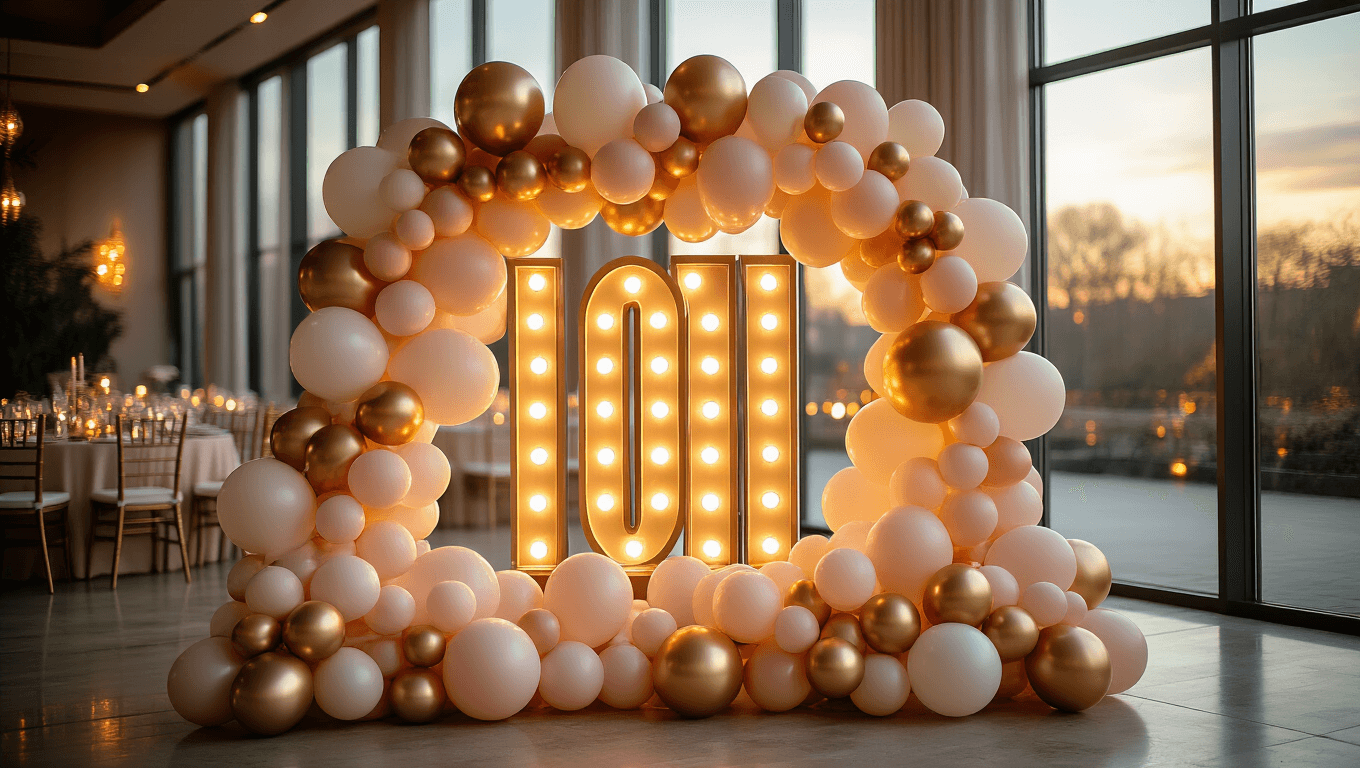 Illuminated gold marquee numbers surrounded by an elegant cascading balloon garland in ivory, blush, and champagne, set in a luxurious event venue with warm LED lighting and natural golden hour light, showcasing a sophisticated party atmosphere.