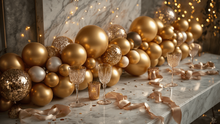 Cinematic wide-angle shot of an elegant party setup with cascading golden balloons, crystal champagne flutes, and rose gold accents against a marble backdrop, illuminated by warm ambient lighting and twinkling fairy lights in a soft-focus background.
