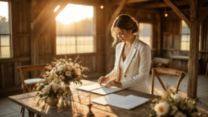 Warm golden hour wedding rehearsal in a rustic barn with a female officiant in an ivory blazer, vintage wooden chairs adorned with floral arrangements, and soft romantic lighting creating an intimate atmosphere.