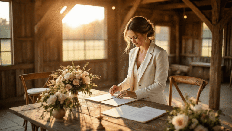 Warm golden hour wedding rehearsal in a rustic barn with a female officiant in an ivory blazer, vintage wooden chairs adorned with floral arrangements, and soft romantic lighting creating an intimate atmosphere.