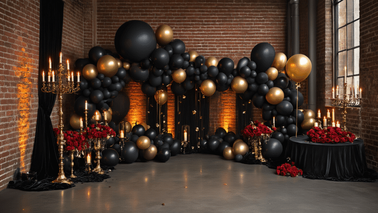 Cinematic overhead view of an elegant gothic-inspired event space featuring clusters of matte black balloons, metallic gold confetti balloons, deep red roses, and vintage gold candelabras, all illuminated by warm amber uplighting and dramatic side lighting, against exposed brick walls and reflecting concrete floors.