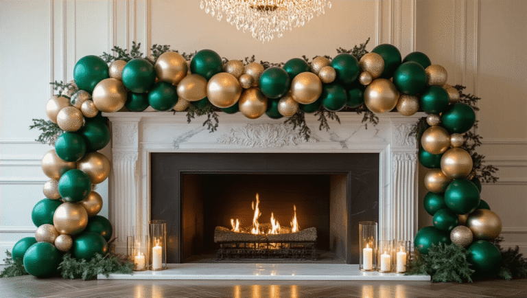 Luxurious holiday ballroom with an organic balloon garland in emerald green, gold, and champagne chrome on a white marble fireplace, soft candlelight, and elegant chandelier creating a festive atmosphere.