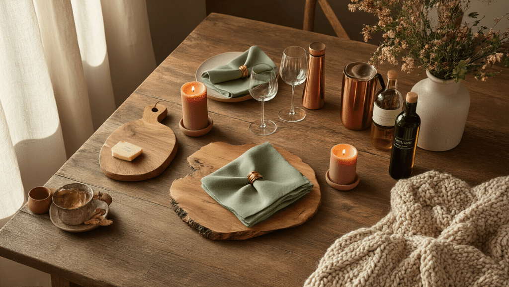 Cinematic overhead shot of a rustic wooden dining table adorned with handcrafted ceramic serveware, sage green linen napkins, dusty rose beeswax candles, and additional curated hostess gifts, all bathed in warm golden hour light.