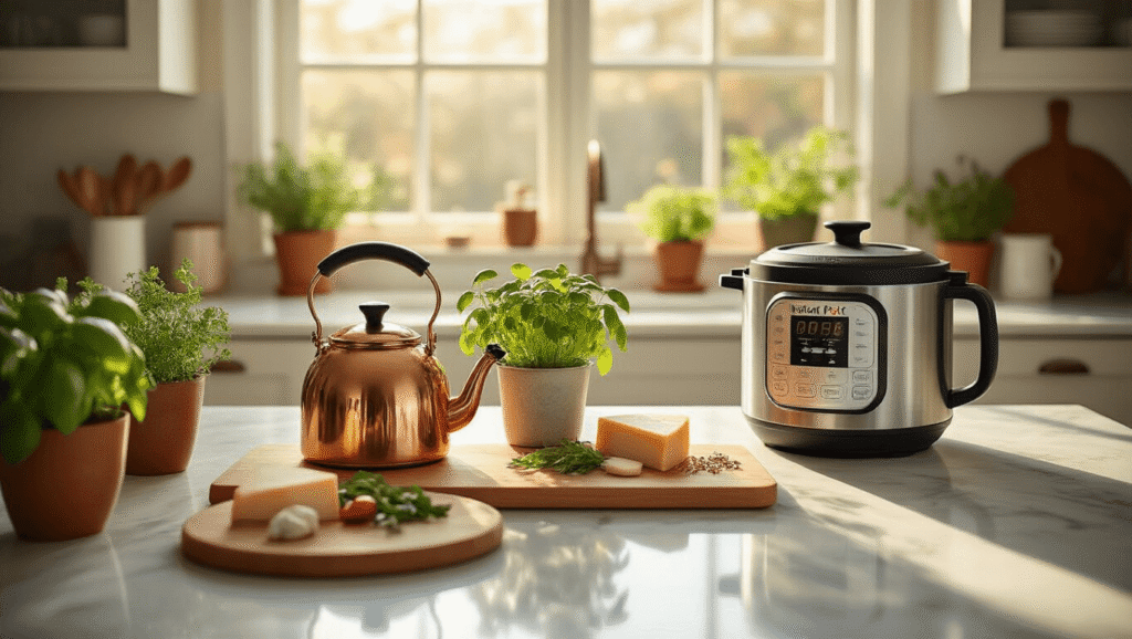Cinematic overhead shot of an elegant kitchen countertop featuring a gleaming copper kettle, bamboo cutting board with fresh herbs, a small potted basil garden, and an InstantPot on white marble. Golden hour lighting creates warm shadows, highlighting metallic copper and natural wood textures, with a cozy housewarming atmosphere enhanced by terracotta and sage green accents.