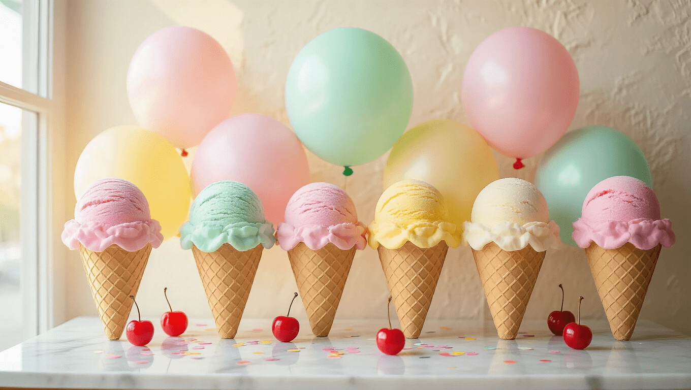 Cinematic wide-angle shot of a whimsical ice cream balloon installation with oversized pastel balloons shaped like ice cream scoops in waffle cones, colorful confetti sprinkles, and pom-pom cherries, set on a white marble tabletop with warm golden hour sunlight, evoking a vibrant and inviting celebratory atmosphere.