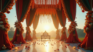 How to Create Stunning Indian Wedding Decor That Honors Tradition and Impresses Your Guests Cinematic wide-angle view of an ornate Indian wedding mandap adorned with marigold and jasmine garlands, silk and velvet drapes, and brass lamps, illuminated by warm golden hour light, creating a romantic atmosphere.
