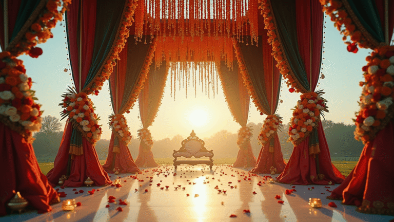 Cinematic wide-angle view of an ornate Indian wedding mandap adorned with marigold and jasmine garlands, silk and velvet drapes, and brass lamps, illuminated by warm golden hour light, creating a romantic atmosphere.