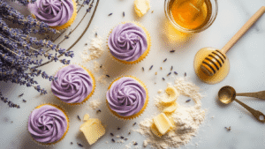 Cinematic overhead shot of lavender honey cupcakes with purple frosting, surrounded by dried lavender, drizzled honey, butter curls, flour dust, and vintage measuring spoons on a white marble countertop, with warm lighting and gentle steam.