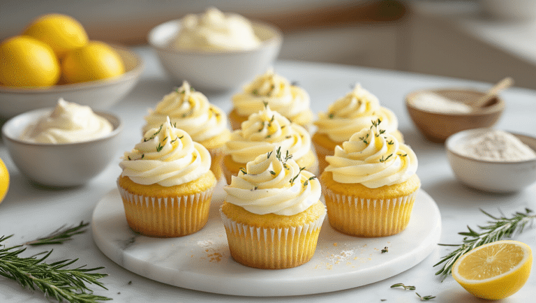 Overhead view of golden lemon herb cupcakes topped with creamy mascarpone frosting, thyme specks, and fresh rosemary sprigs on a marble countertop, bathed in soft natural light, with flour dust particles and rustic kitchen elements enhancing the cozy atmosphere.
