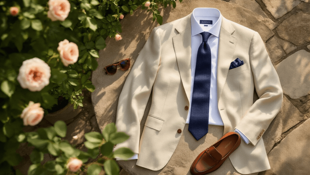 A sophisticated flat lay of a light beige linen suit jacket, white dress shirt, navy silk tie, and brown leather loafers on a sunlit stone garden terrace, surrounded by greenery and blush garden roses.