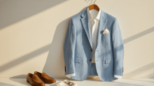 Light blue linen suit jacket on a wooden hanger against a white backdrop, styled with a white dress shirt, cream silk pocket square, brown leather loafers, vintage watch, and pearl cufflinks, illuminated by warm sunlight.