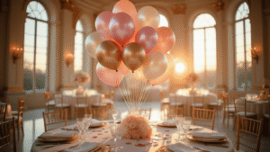 Balloon Bouquets: Everything You Need to Know About This Perfect Gift A luxurious balloon bouquet with iridescent Mylar balloons in blush pink, champagne gold, and pearl white centered in an opulent ballroom during golden hour, featuring crystal glassware and silk linens, with warm light streaming through arched windows and polished marble floors.