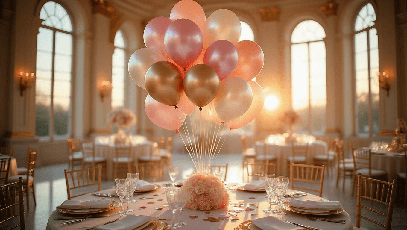 A luxurious balloon bouquet with iridescent Mylar balloons in blush pink, champagne gold, and pearl white centered in an opulent ballroom during golden hour, featuring crystal glassware and silk linens, with warm light streaming through arched windows and polished marble floors.