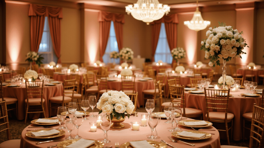 Cinematic wide-angle shot of an elegant wedding ballroom reception featuring dusty rose velvet linens, gold chiavari chairs, crystal chandeliers, white rose centerpieces, and warm candlelight, creating a luxurious and romantic atmosphere.