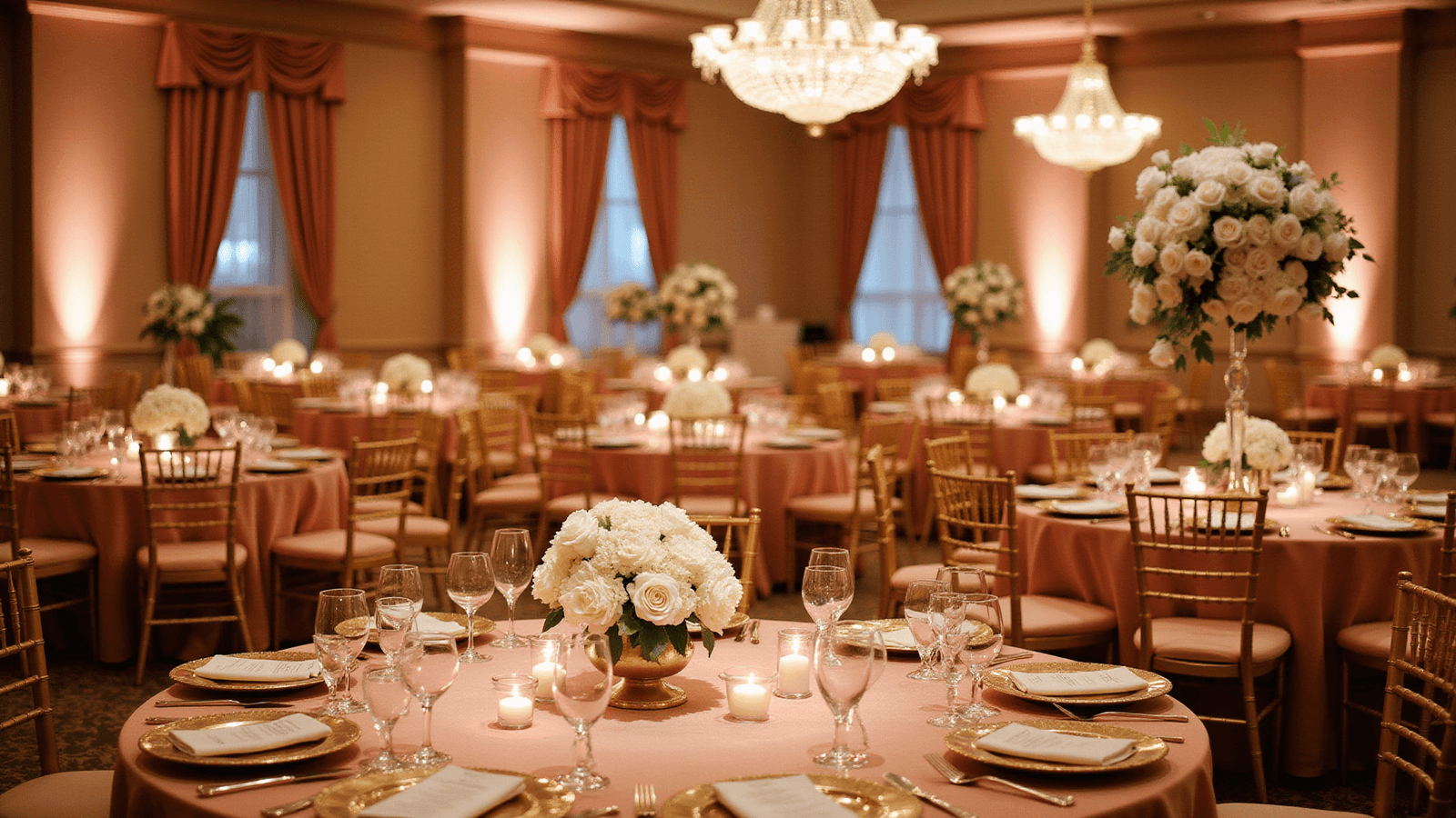 Cinematic wide-angle shot of an elegant wedding ballroom reception featuring dusty rose velvet linens, gold chiavari chairs, crystal chandeliers, white rose centerpieces, and warm candlelight, creating a luxurious and romantic atmosphere.