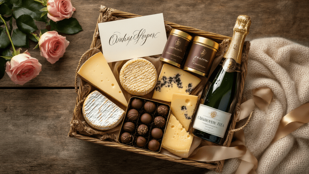 An overhead cinematic shot of an elegantly arranged gift hamper on a weathered oak table, showcasing premium champagne, artisanal cheese, gourmet chocolate truffles, fresh roses, luxury tea tins, a soft cashmere throw, handwritten cards, and delicate ribbons, all bathed in warm golden hour lighting.