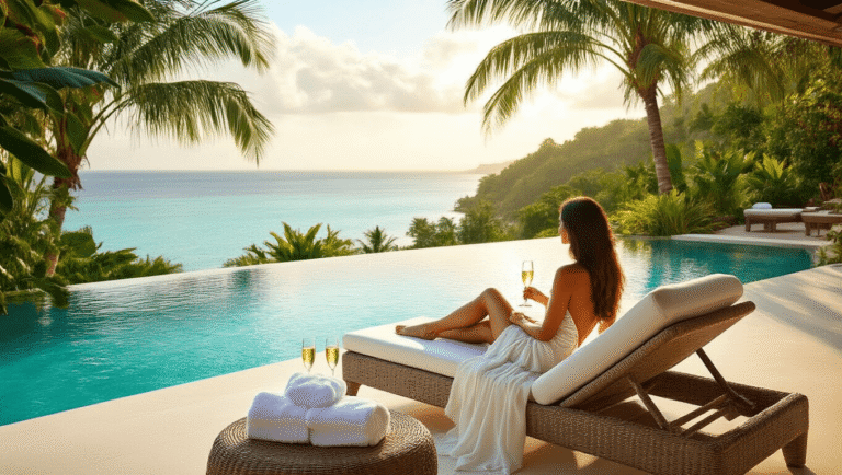 Couple relaxing by a luxurious infinity pool with turquoise water, surrounded by tropical greenery and palm trees, with champagne flutes on a nearby table, exuding a serene and romantic honeymoon atmosphere.