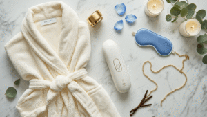Cinematic flat lay of luxury wellness items on white Carrara marble, featuring a cream Brooklinen robe, NuFace Trinity+ device, Grace & Stella eye masks, Dieux moisturizer, sterling silver wishbone necklace, beaded martini bag, and eucalyptus sprigs, illuminated by soft diffused lighting.