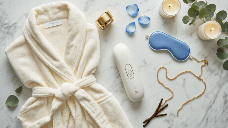 Cinematic flat lay of luxury wellness items on white Carrara marble, featuring a cream Brooklinen robe, NuFace Trinity+ device, Grace & Stella eye masks, Dieux moisturizer, sterling silver wishbone necklace, beaded martini bag, and eucalyptus sprigs, illuminated by soft diffused lighting.