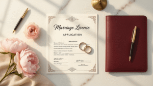A romantic flat lay of marriage license application documents on marble, featuring an elegant license form with a calligraphy pen, wedding bands, a burgundy leather folder, government stamps, and blush peonies, all illuminated by warm golden hour light.