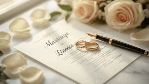 Aerial view of a marriage license document on a white marble surface, adorned with gold wedding bands, a vintage fountain pen, and scattered ivory rose petals, all bathed in soft natural light with a dreamy bokeh background in cream and blush tones, evoking an intimate and romantic atmosphere.