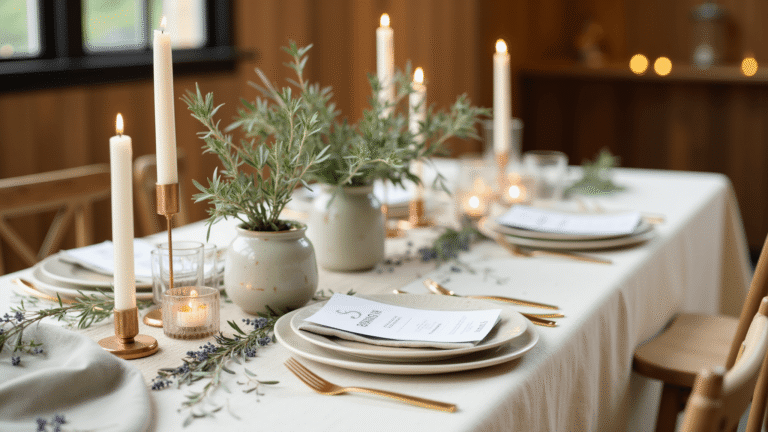 Luxurious minimalist wedding table setting with a potted olive tree centerpiece, cream linen tablecloth, hand-thrown ceramic plates, scattered herbs, golden candlelight, and rustic wooden background.