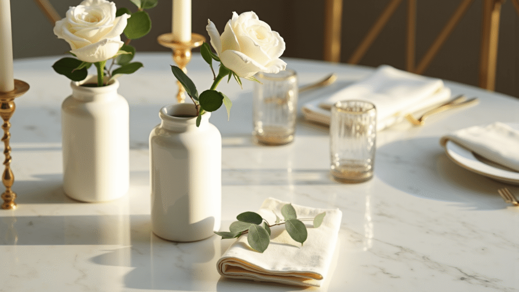 Cinematic overhead shot of an elegant minimalist wedding tablescape featuring white roses and eucalyptus in ceramic vases, gold taper candles, and a polished marble surface, illuminated by soft golden hour light.