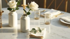 Cinematic overhead shot of an elegant minimalist wedding tablescape featuring white roses and eucalyptus in ceramic vases, gold taper candles, and a polished marble surface, illuminated by soft golden hour light.