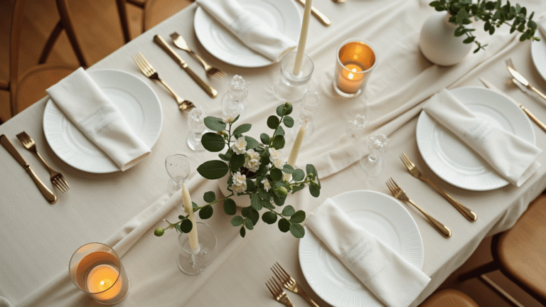 Cinematic overhead shot of a minimalist wedding tablescape featuring ivory linen, brass candles, white orchids, and eucalyptus on a natural wood table, showcasing elegant details and soft natural light.