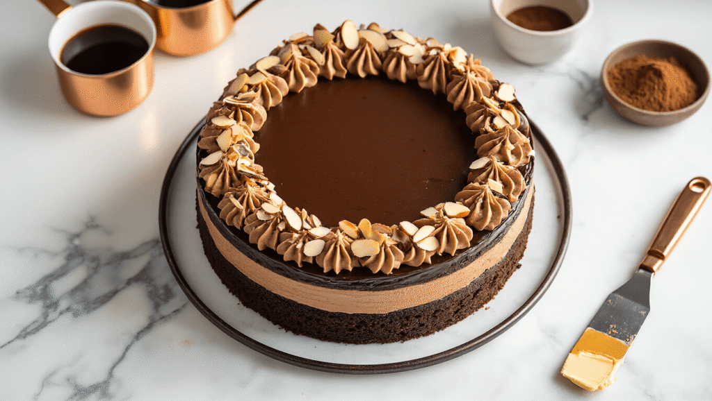 Luxurious mocha almond torte topped with espresso buttercream, adorned with toasted almond slices and chocolate shavings, on a polished marble countertop, accented by warm golden hour lighting and a cozy bakery atmosphere.