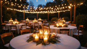 Cinematic overhead shot of a magical nighttime garden wedding reception with warm string lights, vintage brass lanterns, floating candles, and blush roses, creating an intimate and inviting ambiance.
