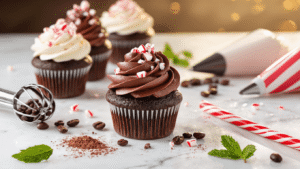 Cinematic overhead shot of chocolate peppermint mocha cupcakes with dark chocolate frosting and crushed candy canes on a white marble countertop, adorned with cocoa powder, coffee beans, and fresh peppermint leaves, captured in warm golden hour lighting.