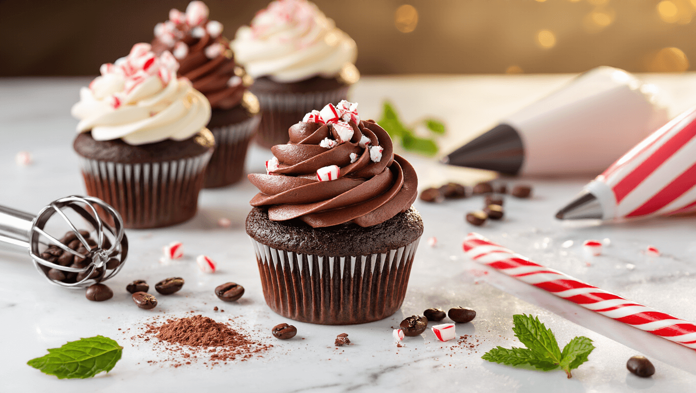 Cinematic overhead shot of chocolate peppermint mocha cupcakes with dark chocolate frosting and crushed candy canes on a white marble countertop, adorned with cocoa powder, coffee beans, and fresh peppermint leaves, captured in warm golden hour lighting.