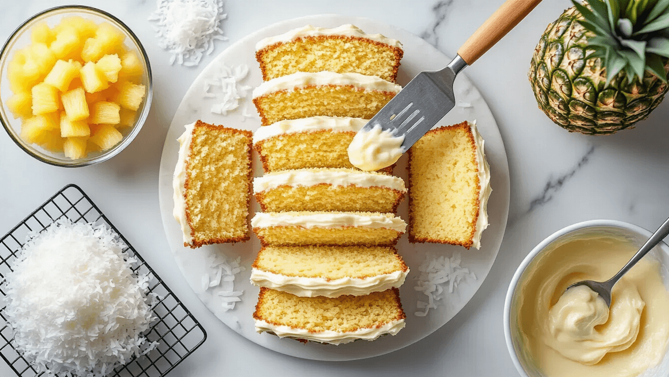 Cinematic overhead shot of a rustic marble counter featuring the assembly of a golden pineapple coconut cake, surrounded by crushed pineapple, fluffy shredded coconut, and cream cheese frosting, with warm lighting and steam rising from cooling layers.