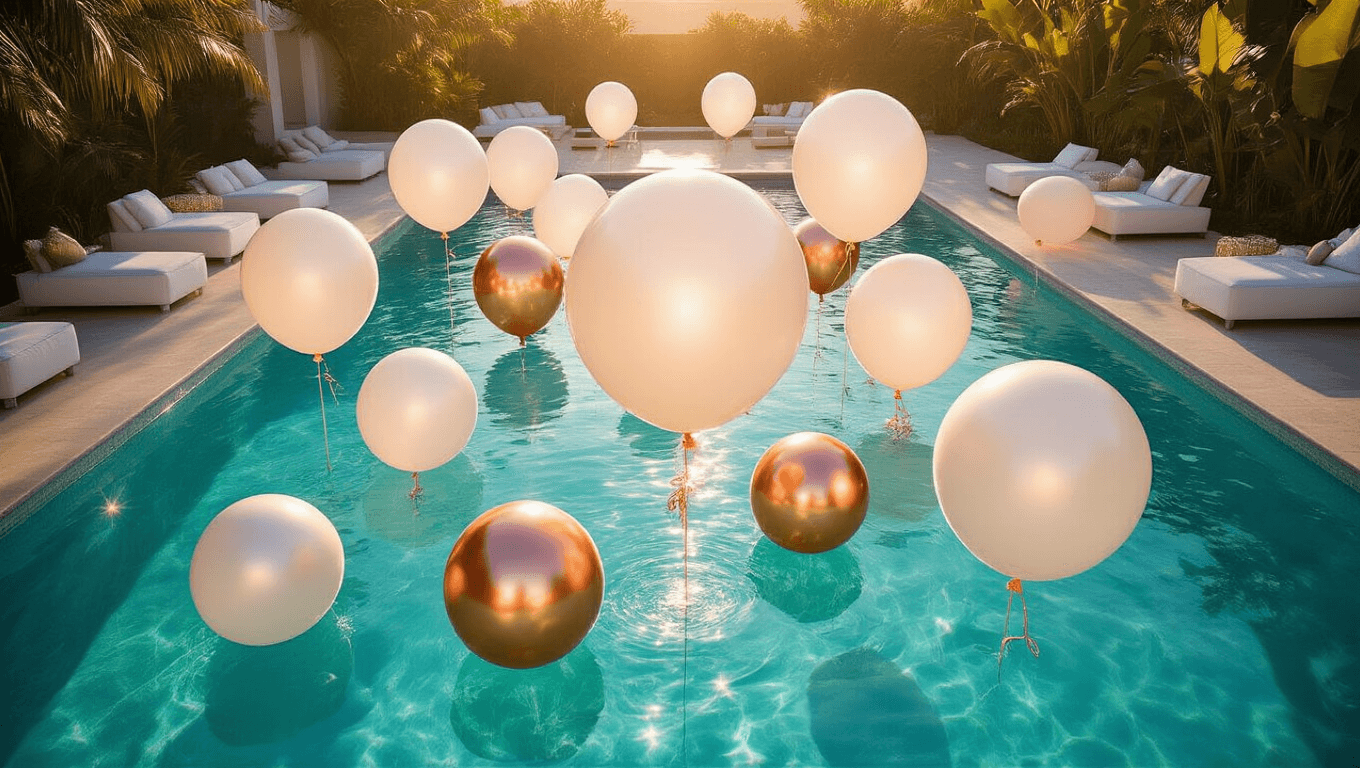 Aerial view of a luxurious pool party featuring large white and rose gold translucent balloons floating on turquoise water, with elegant lounge furniture and tropical plants in the background, aglow in warm golden hour lighting.