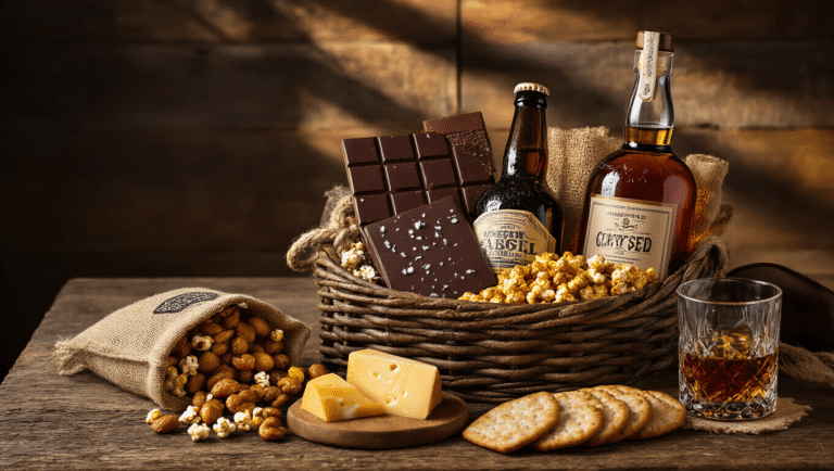 The Guy's Guide to Gift Baskets That Don't Suck: Real Ideas Men Actually Want Premium men's gift basket on rustic wood, featuring artisanal dark chocolate, cashews, craft beer, amber whiskey, gourmet popcorn, aged cheese, and decorative crackers, with warm lighting and rich textures.